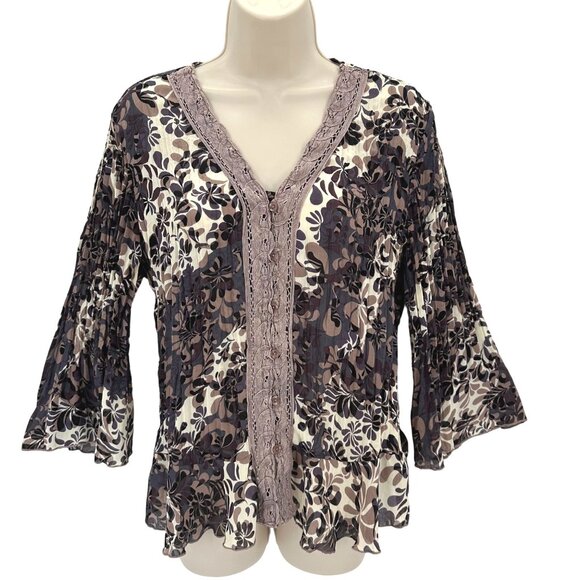 Piano Womens Floral Brown & Beige V Neck Bell Sleeve Button-Front Blouse PM - Picture 1 of 11